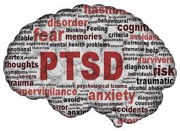 Brain with words such as PTSD, anxiety, fear, isolation written on it.
